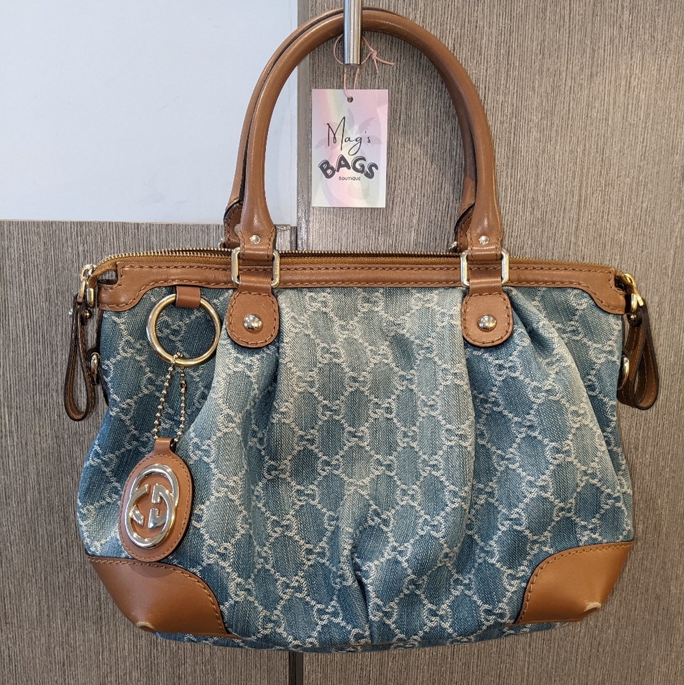Gucci: Denim Sukey Monogram GG Logo Keychain Shoulder Bag - Picture 1 of 17